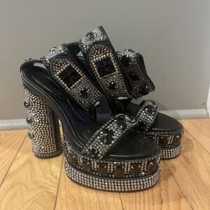 Azalea Wang Silver Bayou Black Embellished Platform Ankle Strap Sandals Size 6
